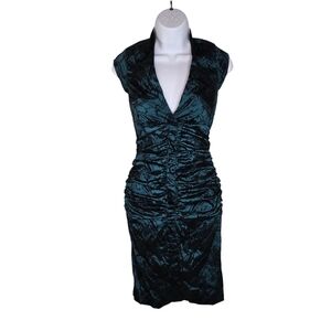 Vtg Xscape 90s y2k by Joanna Chen jacquard teal ruched wiggle dress